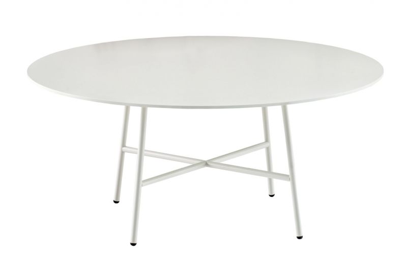 Weißer, runder Tia Maria Tisch von Moroso mit filigranem Metallgestell für Esszimmer oder Wohnbereich.